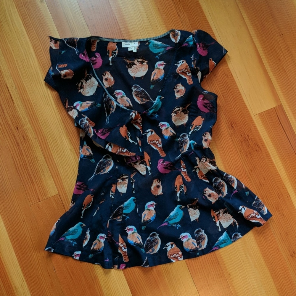 Anthropologie Meadow Rue Navy Birds Fitted Blouse